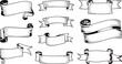 © Vactor Creatives - Vintage black and white ribbon banner illustration set with decorative scrolls and curved flags for classic label and design use