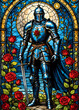 © ReaverCrest - Blue knight with red roses. Stained glass illustration