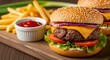 © GfxAkash - Juicy gourmet cheeseburger with fresh lettuce tomato and onion served with crispy french fries and ketchup