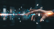 © shadab - Futuristic hand interacting with glowing digital interface displaying business growth icons and innovation symbols, signifying digital transformation and data analysis.