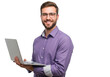 © sujon1638 - Smiling caucasian man with beard and glasses holding a laptop computer in his hands isolated on transparent background
