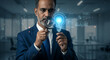 © shadab - Focused businessman examines glowing AI lightbulb with magnifying glass, visualizing innovative data insights in modern office