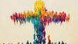 © wolfelarry - Diverse human figures form a colorful cross shape against a muted sky. This abstract art symbolizes unity, faith, community, and shared humanity in a vibrant, graphic style