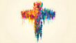 © wolfelarry - Diverse human figures form a colorful cross shape against a muted sky. This abstract art symbolizes unity, faith, community, and shared humanity in a vibrant, graphic style