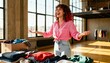 © SERHII - Cheerful young woman sorting clothes for donation or resale in a sunlit loft. Sustainable fashion and decluttering concept for a second-hand shop