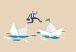 © Premium art - Escape from risk or danger, run away or flee from fail or bankruptcy company, change job or move to new better workplace concept, frustrated businessman jump to escape from sinking ship to better one