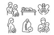 © Sergey - Chiropractic Care Icons. Line style icons of chiropractic care: pregnancy chiropractic, pregnant woman on table, pelvic balance