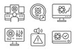 © Sergey - Nuclear Fusion Control Icons. Line style icons of nuclear fusion: control room icon, fusion reactor dashboard, monitoring screen,