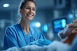 © StockHero - Female nurse in scrubs smiling warmly at patient in hospital room, showcasing compassionate care and professional healthcare environment