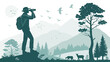 © Hala - Explore the wilderness: Hiker with binoculars, majestic mountains, deer, and birds in flight. Perfect for travel, adventure, nature and outdoor themes