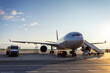 © Dushlik - Wide body passenger airliner with boarding ramp at the airport. Airfield tanker refueling an aircraft
