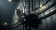© CreativeNest - Brave astronaut ascends ladder inside massive industrial structure, exploring the unknown with courage and determination, showcasing human exploration and scientific achievement