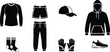© OKAN - Sportswear clothing icons including sweatshirt, shorts, cap, hoodie, socks, trousers, gloves, and sneaker vector illustration