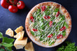 © Alla - Pizza with smoked chicken and lettuce leaves. Traditional Italian food. Flat lay. Top view.