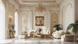 © valeo5 - baroque living room or reception hall with ivory white walls and intricate gold trim. Features antique furniture, a crystal chandelier, and large arched windows, conveying classic luxury.
