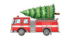 © Olga Ко - Fire truck carrying Christmas tree, watercolor minimalistic Christmas illustration on white background
