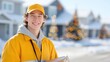 © JuliaDorian - Delivery person in bright yellow uniform smiling while holding package in snowy neighborhood decorated for Christmas and New Year celebrations