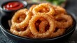 © jechm - Golden crispy fried onion rings in black bowl with ketchup