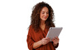 © Komora - Mature woman smiling while holding digital tablet, connecting with technology for business and lifestyle, transparent background