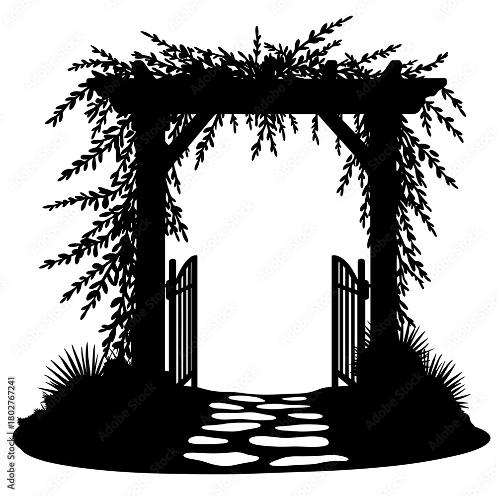 Silhouette of arbor gate with vine-covered path, welcoming garden entry ...