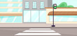 © GN.STUDIO - City street scene with pedestrian crosswalk, storefronts, and green traffic light in flat style on a clear background. Urban safety concept. Vector illustration