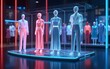 © cui - Holographic clothing selection interface showcasing glowing neon fashion display for a seamless personalized virtual shopping experience  Cutting edge digital retail technology concept. High quality