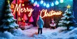 © antishock - Winter scene depicts person viewing bright Merry Christmas lights. Snow covers ground, trees sparkle with stars. Festive, colorful ambiance.