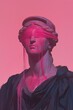 © Margarita Ratatosk - Blindfolded woman statue with dripping pink paint representing concept of injustice. Modern artwork for legal, social issues, or equality theme.
