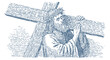 © RetroVector - Jesus Christ carrying the cross. Vintage woodcut engraving linocut style vector illustration.