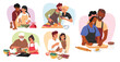 © Anna Syvak - Happy couple enjoying preparing food together cartoon scene with characters of different ages