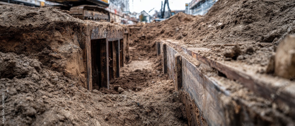 Deep trench excavation with soil shoring and support system for ...
