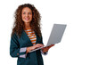 © Komora - Businesswoman with curly hair smiling, looking away while using a modern laptop. Transparent background for easy integration
