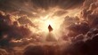 © Oleh - Jesus christ rising into a dramatic sky filled with glowing clouds and golden sun rays, symbolizing ascension, resurrection, and spiritual hope for faith and divinity