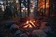 © DigitalFury - Campfire Camping Camp Fire Bonfire Outdoor Autumn Fall Log Fire Smoke Forest Wood Trees Warm Cozy Inviting Background Illustration Photorealistic Wallpaper Image