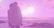 © vectorfusionart - Standing couple wrapped in light blanket facing ocean on rocky shore, pink-purple sun, copy space