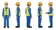 © Kulo - A worker in blue overalls, safety vest, hard hat, and goggles shown from multiple angles: front, side, and three-quarters view.