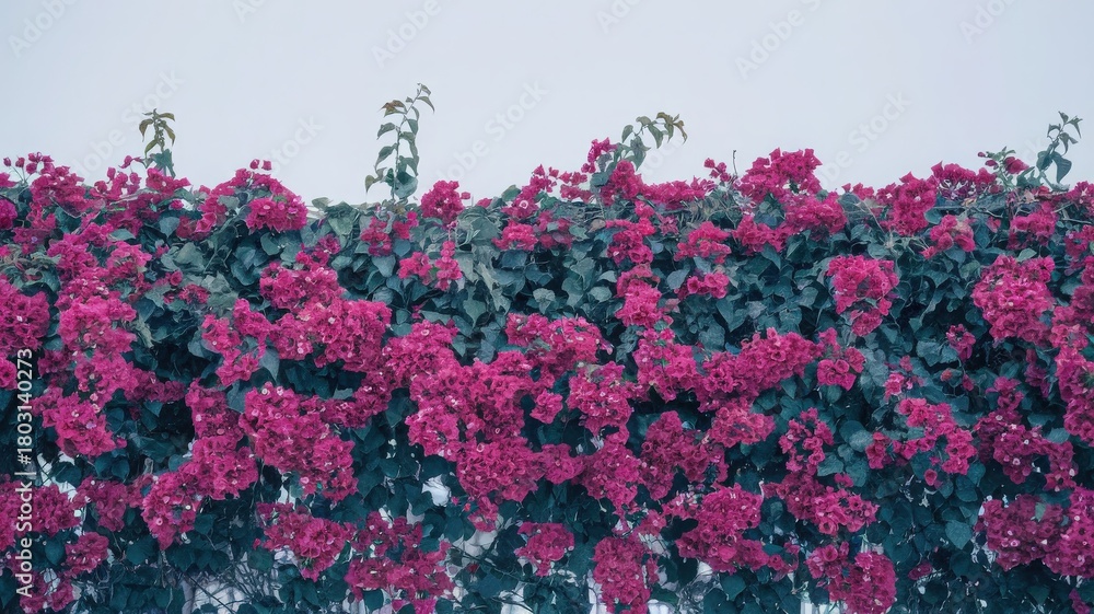 Bougainvillea flowers in bright pink cascade over a green vine, creating a stunning display. The clear sky acts as a perfect backdrop, showcasing the gardens beauty during daylight.