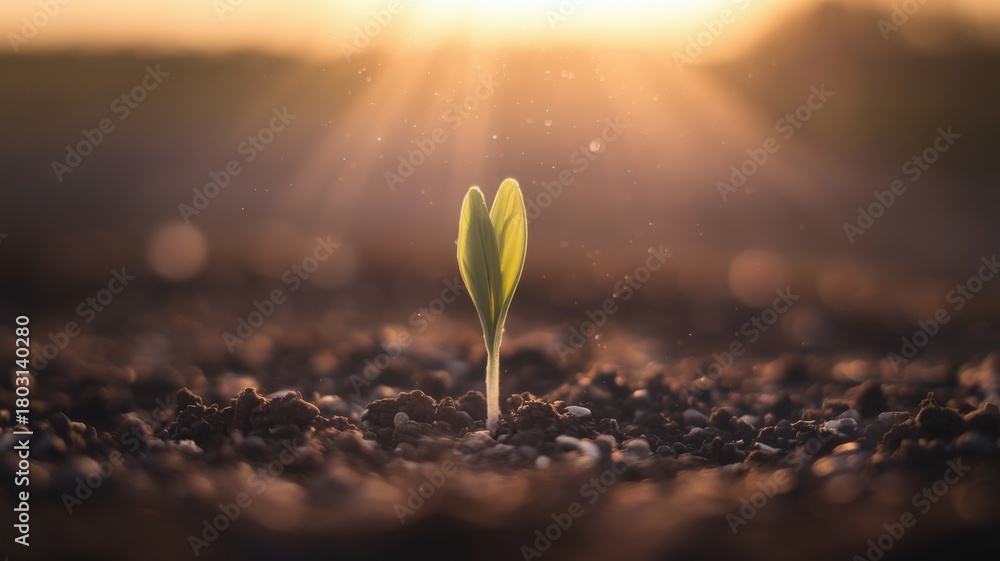 A small green plant emerges from the dark soil, glistening in the warm sunlight of dawn. The background features a blurred landscape, creating a serene atmosphere of growth and new beginnings.