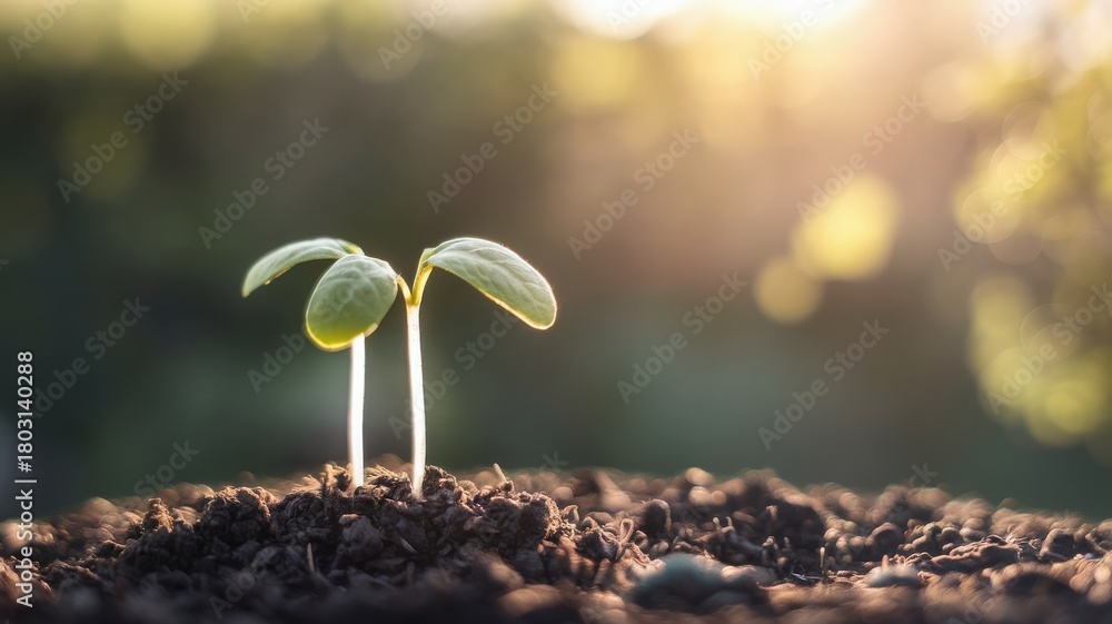 Two young seedlings emerge from rich soil, bathed in soft sunlight. The scene captures the beauty of new life and growth, highlighting the promise of natures cycle.