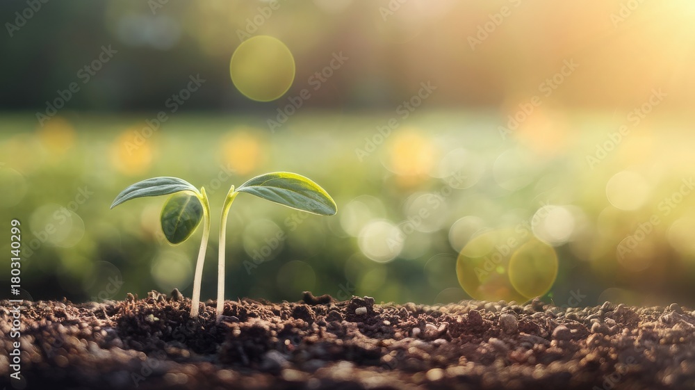 Two young green plants emerge from dark soil, basking in warm sunlight. The background features a lush, blurred garden, creating a peaceful and vibrant atmosphere perfect for growth.