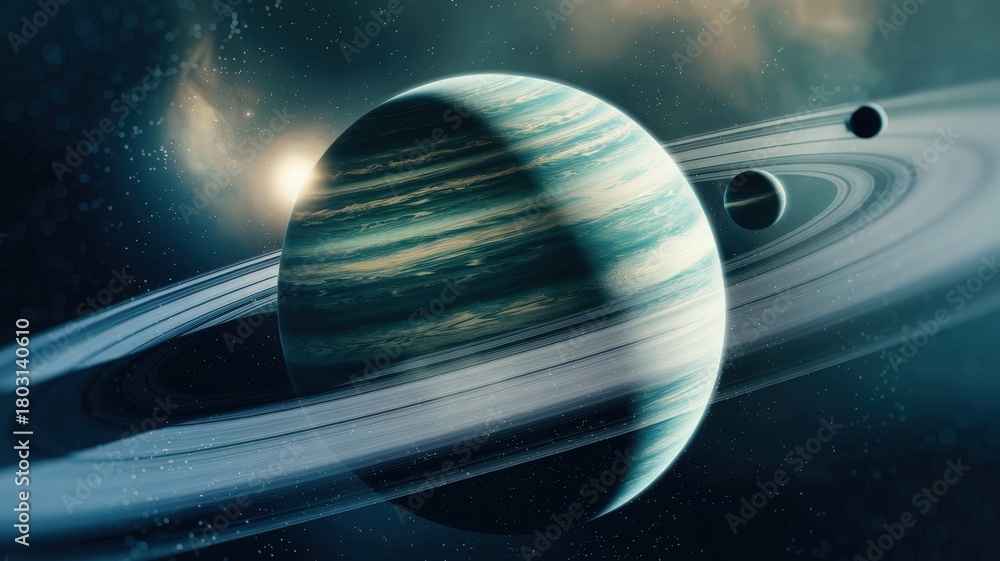 A vibrant gas giant is surrounded by intricate rings and several moons in a dark cosmic backdrop. Starry elements enhance the grandeur of this celestial landscape, creating a sense of wonder.