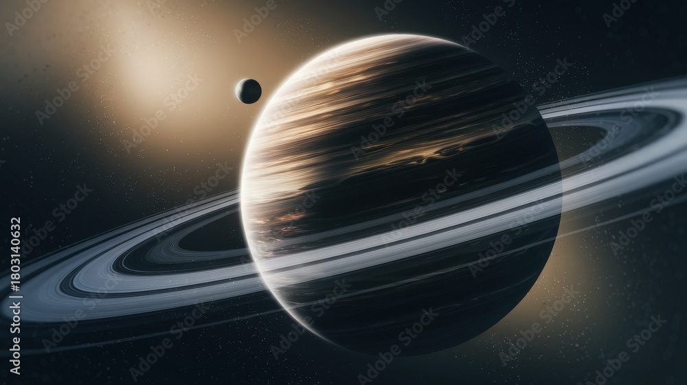 A large gas giant planet displays vibrant bands of color, surrounded by stunning rings. A small moon orbits nearby, set against the backdrop of deep space with faint stars.