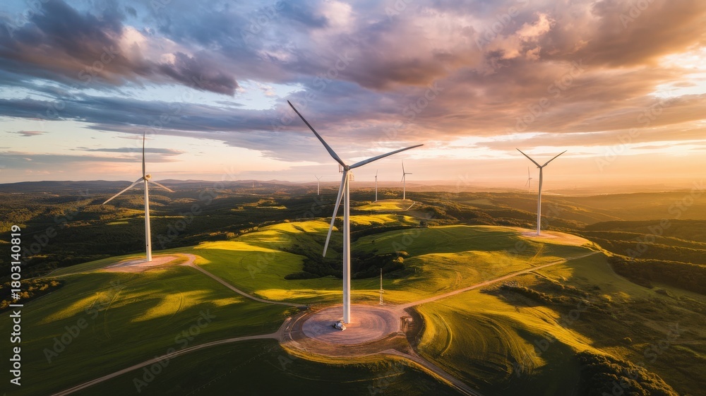 Wind turbines rise above rolling green hills as the sun sets, casting warm light across the landscape. The sky features colorful clouds, enhancing the serene atmosphere of the scene.