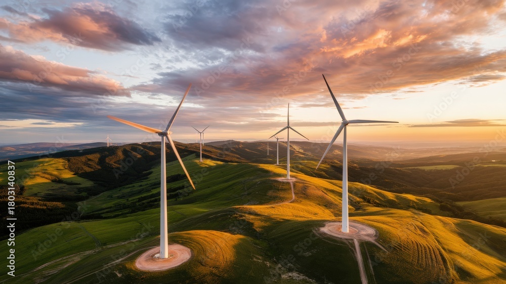 Tall wind turbines are situated on lush green hills at sunset. The sky is filled with vibrant clouds in shades of orange and purple, creating a picturesque landscape.