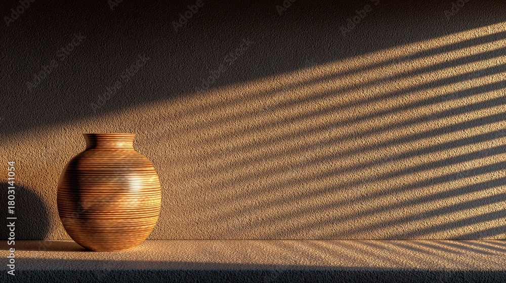 Soft sunlight illuminates a rustic vase placed on a shelf. The light creates striped shadows across the textured wall, adding depth and warmth to the scene.