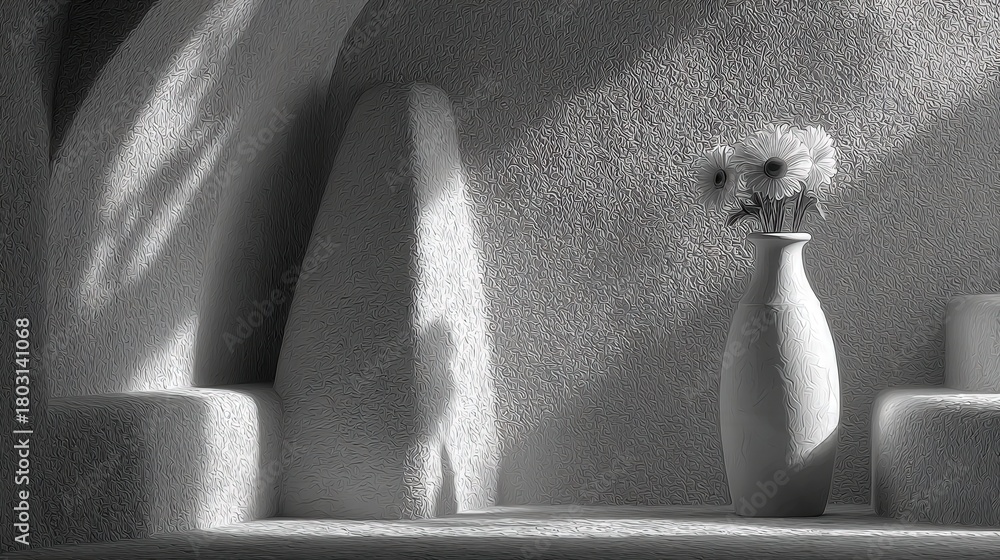 A serene interior features textured walls and soft curves, with sunlight casting gentle shadows. A vase holds bright flowers, creating a peaceful atmosphere perfect for relaxation.
