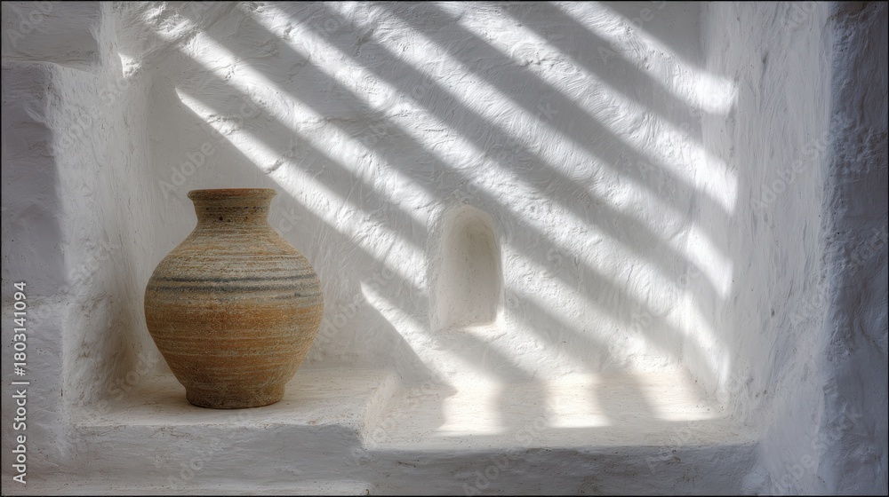 A beautifully crafted traditional pot sits on a ledge in a whitewashed room. Sunlight streams through openings, creating striped shadows on the smooth walls, enhancing the peaceful ambiance.