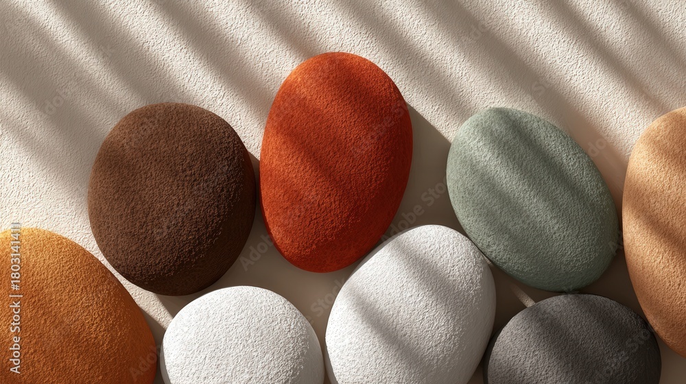 Various round stones in shades of brown, orange, grey, and white are placed on a textured surface. Shadows from a nearby light create patterns, enhancing the colors and textures.