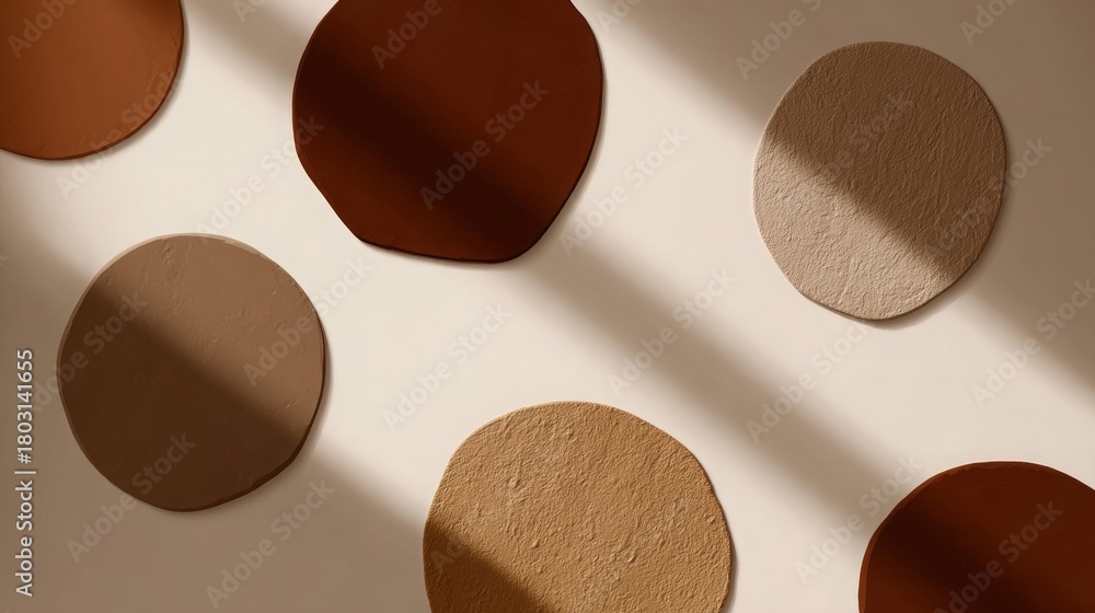 Soft, rounded shapes in earthy tones rest on a light textured surface. Natural light creates distinct shadows, enhancing the warm colors. An artistic arrangement gives a modern feel to the setting.