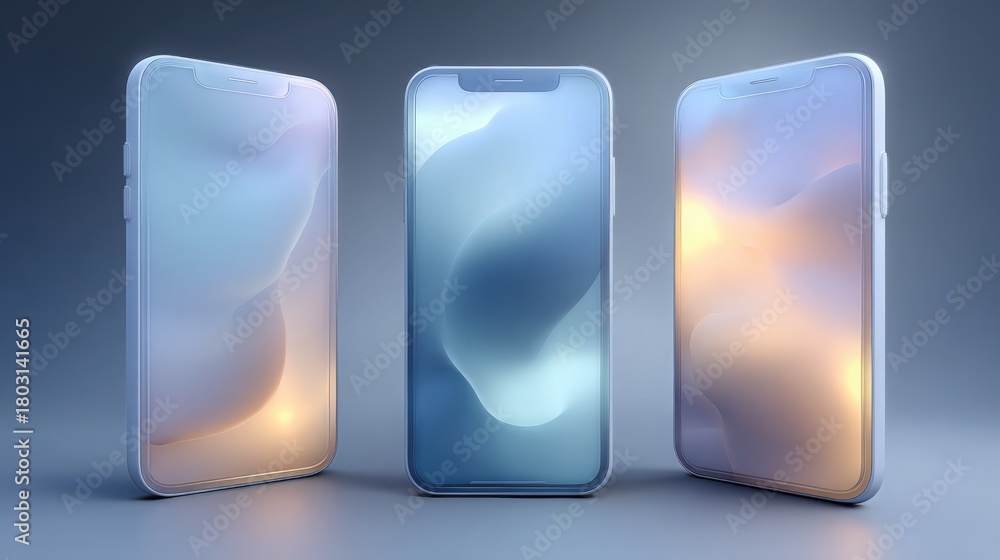 Three modern smartphones stand upright on a sleek surface, showcasing their reflective screens. Soft light highlights their curves and surfaces, creating an inviting atmosphere.